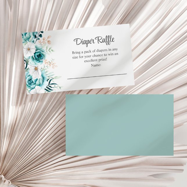 Teal and Off-White Wildflowers Diaper Raffle Enclosure Card (Teal and Off-White Wildflowers Diaper Raffle Enclosure Card on a white dry palm leaf.)