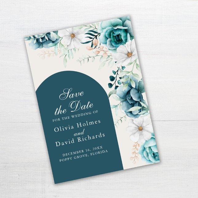 Teal and Off-White Wildflowers Save the Date Card (Teal and Turquoise Save the Date Card on gray table)