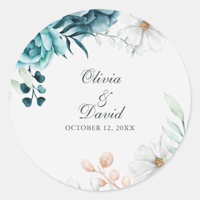 Teal and Off-White Wildflowers Wedding Classic Round Sticker (Front)