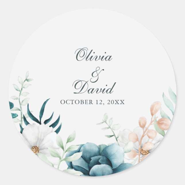 Teal and Off-White Wildflowers Wedding Classic Round Sticker (Front)