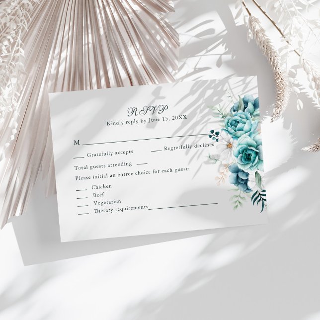 Teal and Off-White Wildflowers Wedding RSVP Card (Teal and Off-White Wildflowers Wedding RSVP Card on a sunny table with boho neutral dry botanicals)