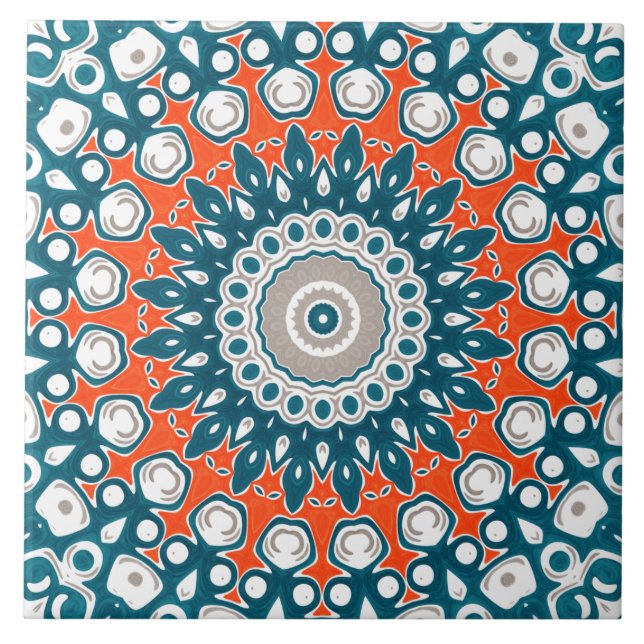 Teal and Orange Decorative Mandala Ceramic Tile (Front)