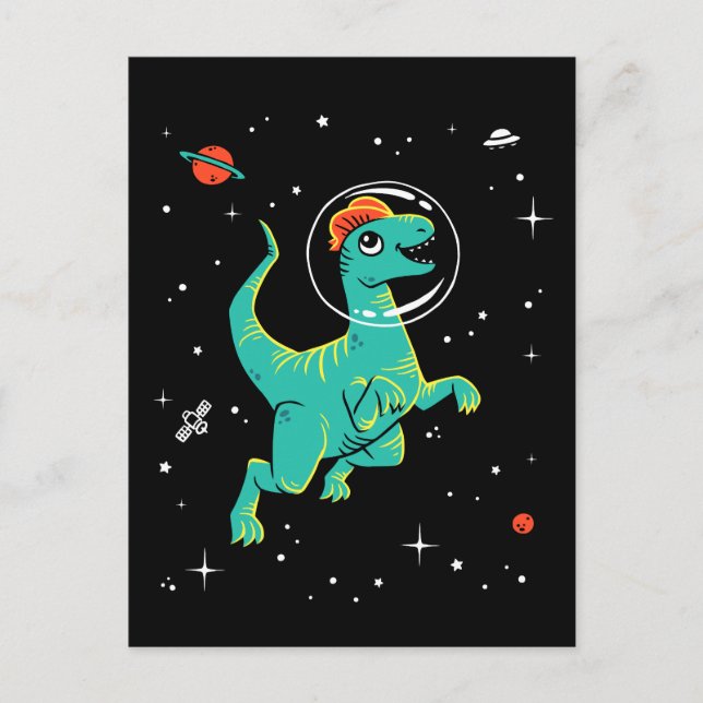 Teal And Orange Dilophosaurus Dinos In Space Postcard (Front)