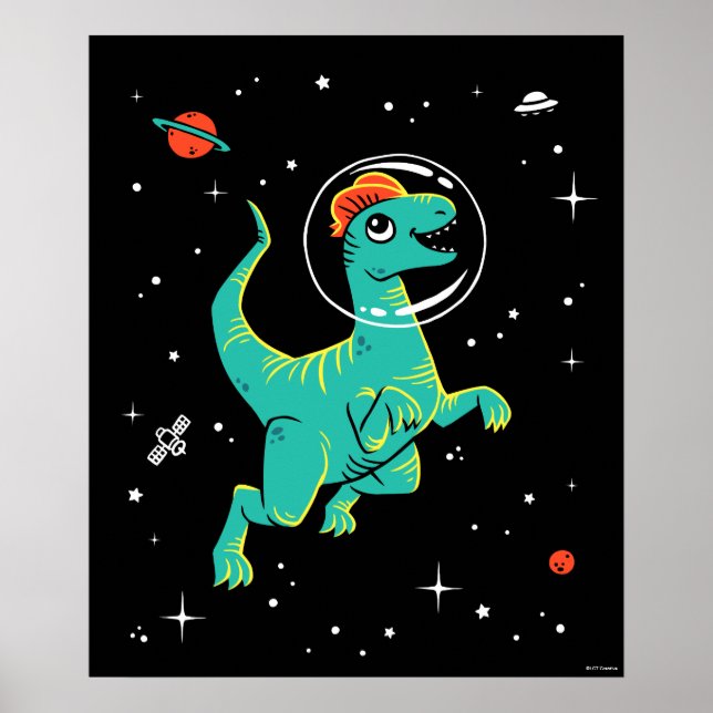 Teal And Orange Dilophosaurus Dinos In Space Poster (Front)