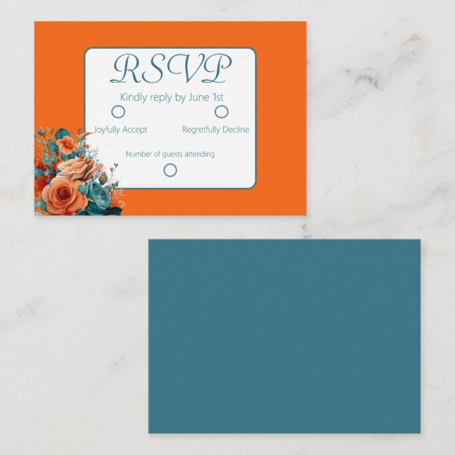Teal and Orange Floral Wedding RSVP  Card (Front/Back)