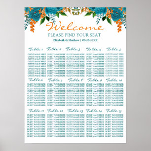 Teal and Orange Floral Wedding Seating Chart