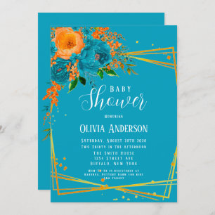  Teal and Orange Florals Gold Baby Shower Invitation