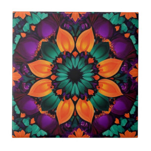 Teal and Orange flower with purple Ceramic Tile