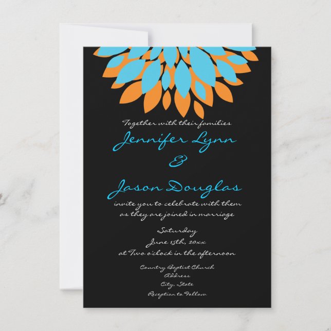 Teal and Orange Flowers Black Wedding Invitations (Front)