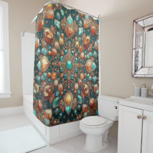 Teal and Orange Gemstone Persian Rug Style Shower Curtain