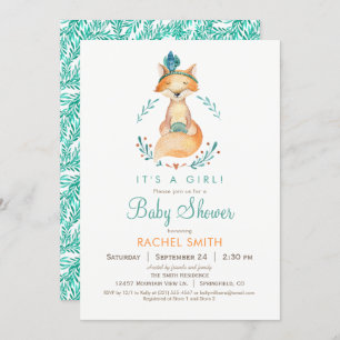 Teal and Orange Girl Fox Baby Shower Invitation