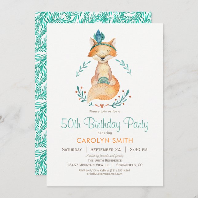 Teal and Orange Girl Fox Birthday Party Invitation (Front/Back)