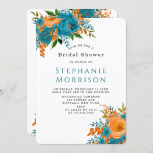 Teal and Orange Painted Floral Bridal Shower Invitation
