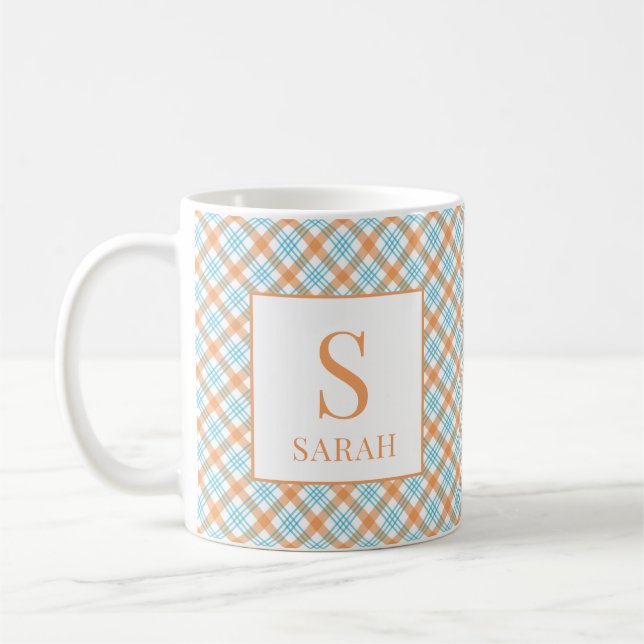 Teal and Orange Plaid Monogram Name Coffee Mug (Left)