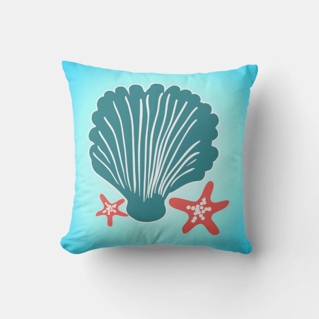 Teal and Orange Sea Shell and Star Fish Cushion (Front)