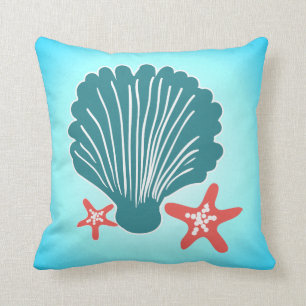 Teal and Orange Sea Shell and Star Fish Cushion