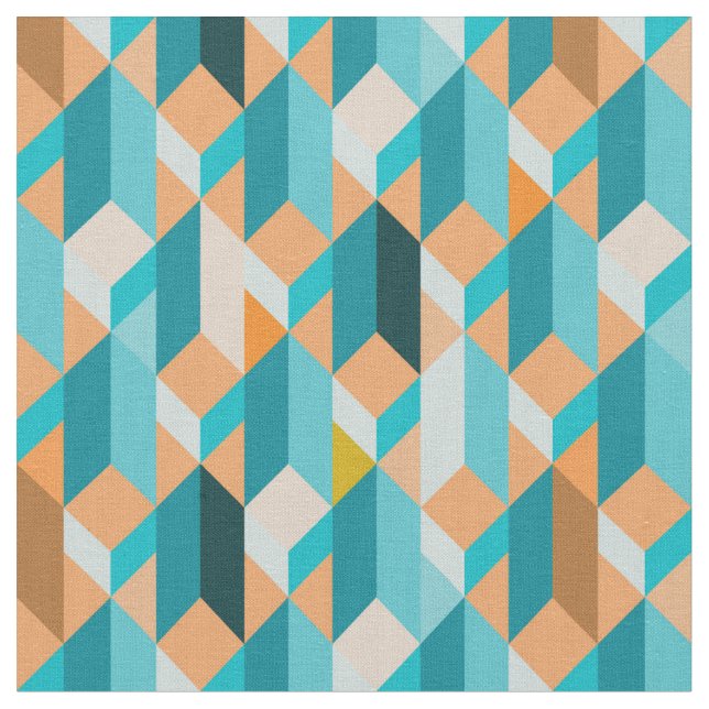 Teal And Orange Shapes Pattern Fabric (Close Up)
