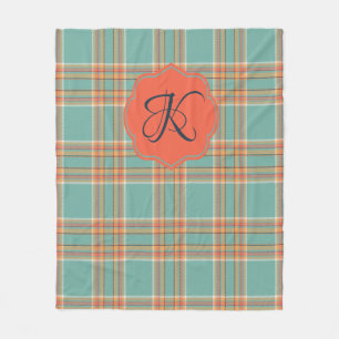 Teal and Orange Tartan Plaid Monogram Blanket