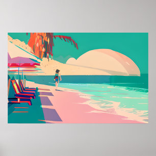 Teal and Peach Beach Abstract AI Art Poster