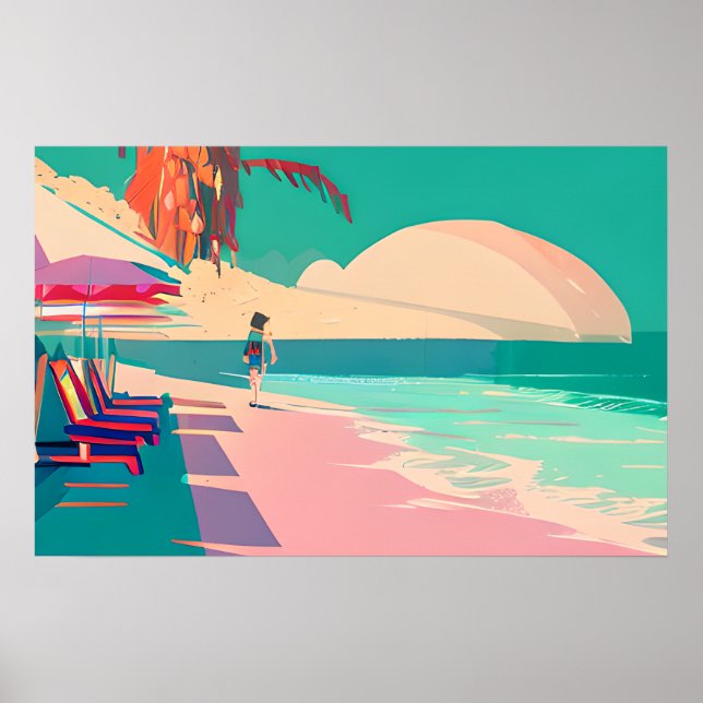 Teal and Peach Beach Abstract AI Art Poster (Front)