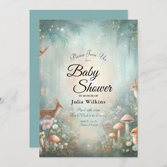 Teal and Peach Enchanted Forest Baby Shower Invitation (Front/Back)