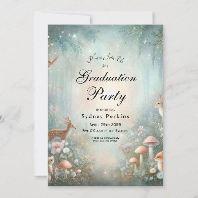 Teal and Peach Enchanted Forest Graduation Party Invitation (Front)