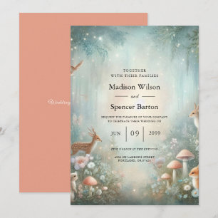 Teal and Peach Enchanted Forest Wedding Invitation