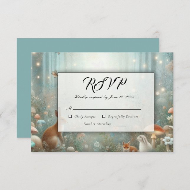 Teal and Peach Enchanted Forest Wedding RSVP Card (Front/Back)
