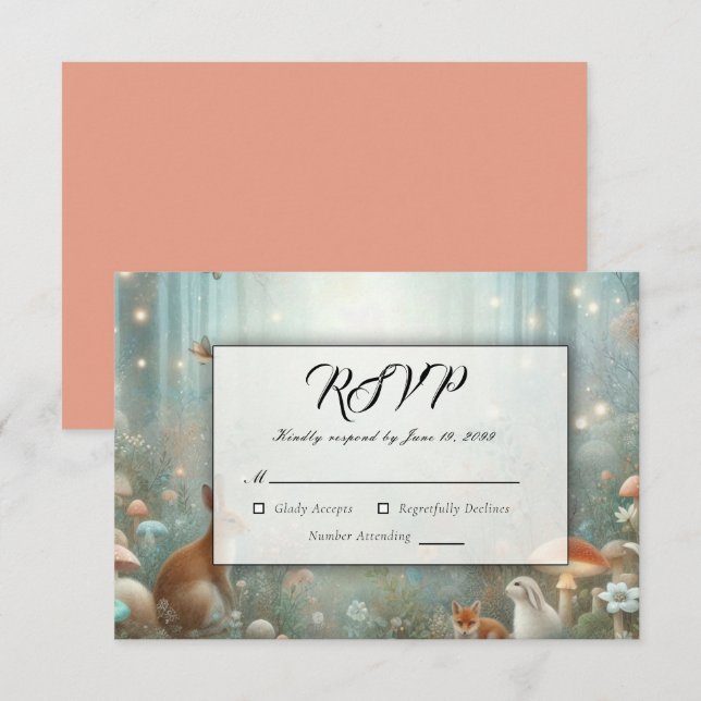 Teal and Peach Enchanted Forest Wedding RSVP Card (Front/Back)