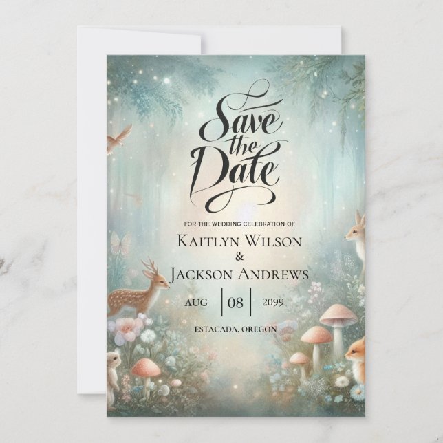 Teal and Peach Enchanted Forest Wedding Save The Date (Front)