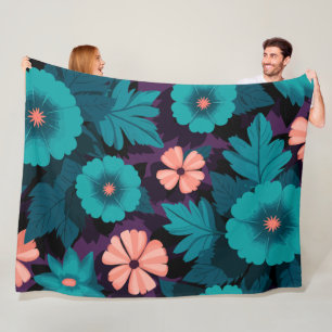 Teal and Peach Floral Pattern on Purple Background Fleece Blanket