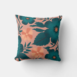 Teal and Peach Flowers on a Soft Pink Background Cushion