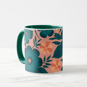 Teal and Peach Flowers on a Soft Pink Background Mug