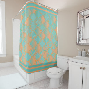 Teal and Peach Quatrefoil Patterns Shower Curtain