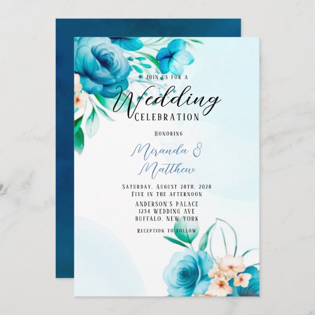 Teal and Peach Watercolor Florals Wedding Invitation (Front/Back)