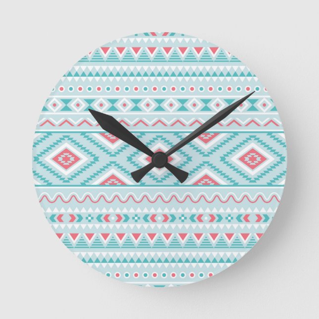 Teal and Pink Aztec Tribal Pattern Round Clock (Front)