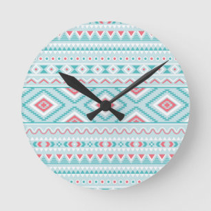 Teal and Pink Aztec Tribal Pattern Round Clock
