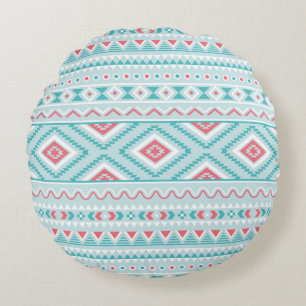 Teal and Pink Aztec Tribal Pattern Round Cushion