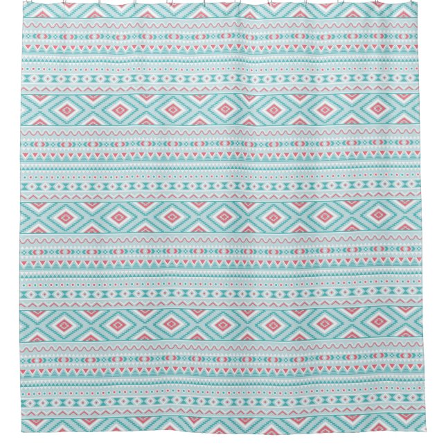 Teal and Pink Aztec Tribal Pattern Shower Curtain (Front)