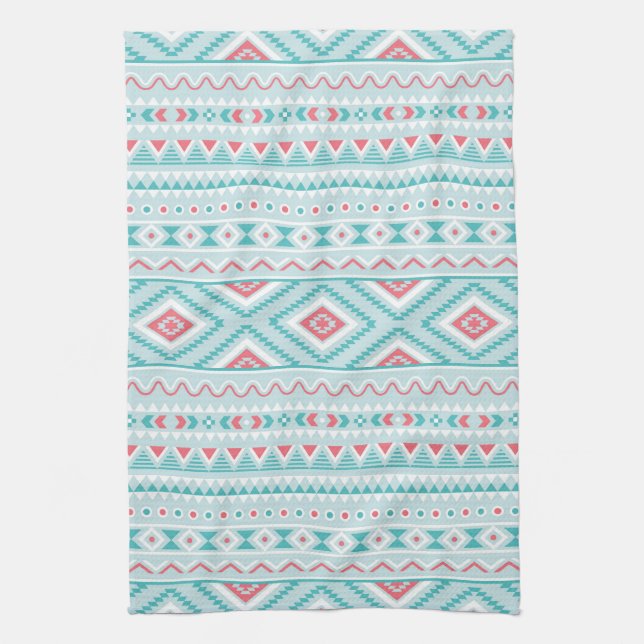Teal and Pink Aztec Tribal Pattern Tea Towel (Vertical)