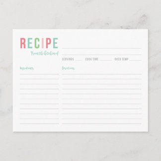 Teal and Pink Bridal Shower Recipe Card