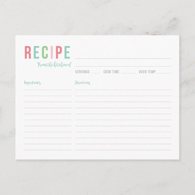 Teal and Pink Bridal Shower Recipe Card (Front)
