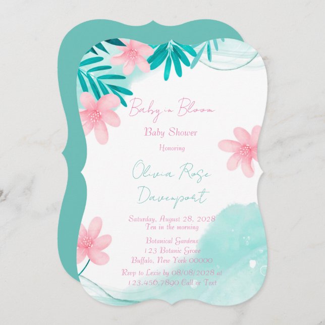 Teal and Pink Floral Baby In Bloom Baby Shower Invitation (Front/Back)