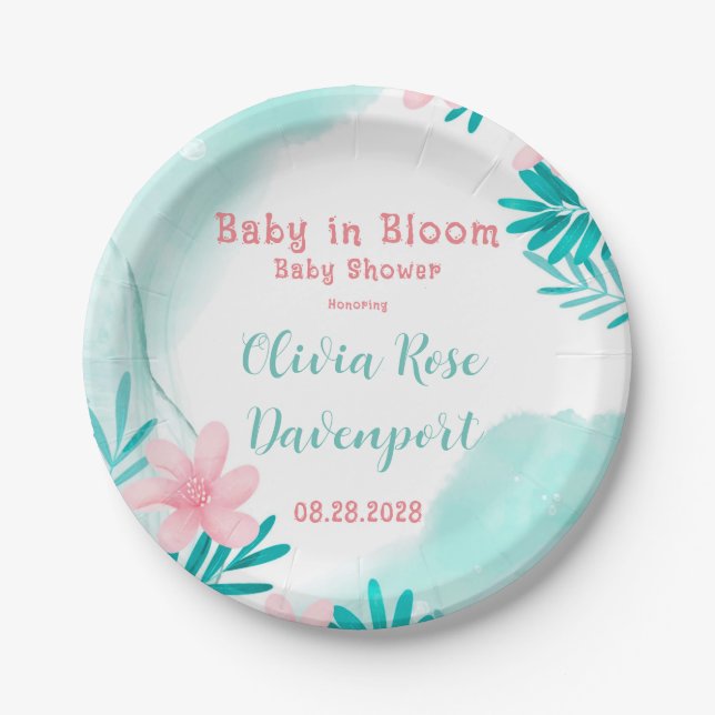 Teal and Pink Floral Baby In Bloom Baby Shower Paper Plate (Front)