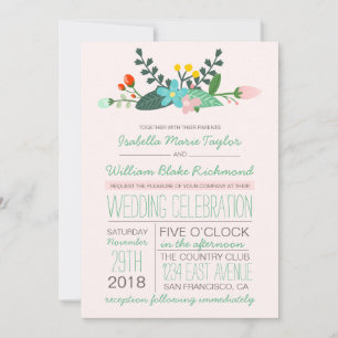 Teal and Pink Floral Bouquet Wedding Invitation