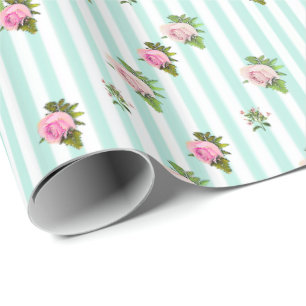 Teal and Pink Floral Chic Roses Striped Gift Wrap