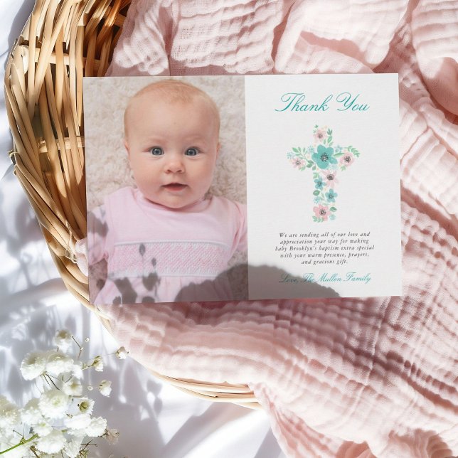 Teal and Pink Floral Cross Baptism Photo Thank You (Creator Uploaded)