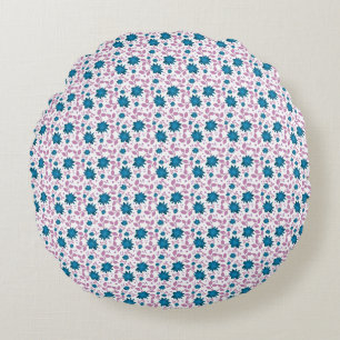 Teal and Pink Floral Pattern Modern Botanical Round Cushion