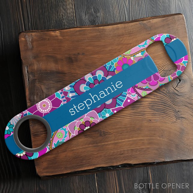 Teal and Pink Floral Pattern with Custom Baby Name (Custom Bar Key)
