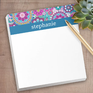 Teal and Pink Floral Pattern with Custom Baby Name Notepad